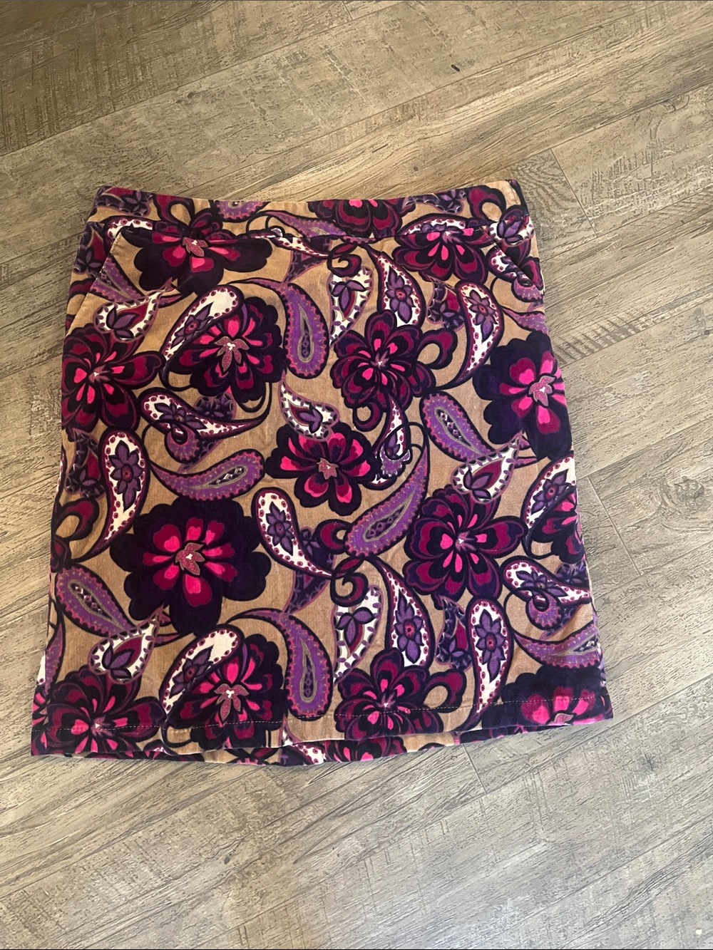 Ann Taylor Paisley Floral Mini Skirt in Tan, Magenta, and Purple